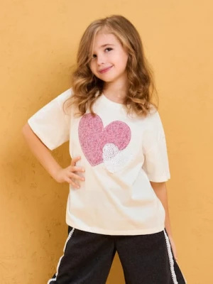 Sinsay - Koszulka z nadrukiem kwiatowym w kształcie serca z koronkową wstawką - kremowy