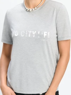 Sinsay - Koszulka z napisem i krótkim rękawem - srebrny