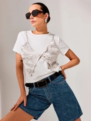 Sinsay - Koszulka z naszytym topem w print paisley - kremowy
