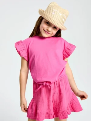 Sinsay - Koszulka z ozdobnym wiązaniem w talii i haftowanymi rękawami - różowy