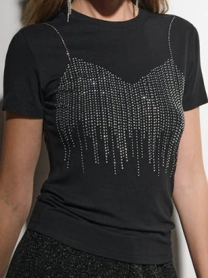 Sinsay - Koszulka z ozdobnymi cyrkoniami - czarny
