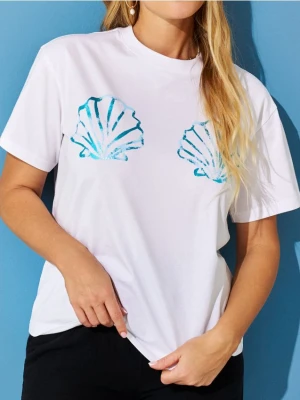 Sinsay - Koszulka z połyskującym nadrukiem - biały