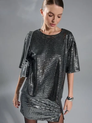 Sinsay - Koszulka z połyskującymi aplikacjami - srebrny