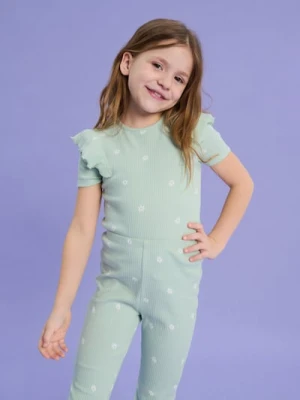 Sinsay - Koszulka z prążkowanej dzianiny z ozdobnymi falbanami w kwiatowy wzór - zielony