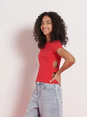 Sinsay - Koszulka z prążkowanej dzianiny z ozdobnymi wycięciami po bokach - czerwony