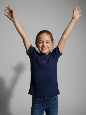 Sinsay - Koszulka z prążkowanej dzianiny zdobiona falbanami - granatowy