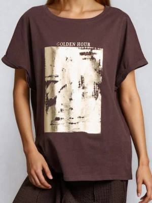 Sinsay - Koszulka ze złotym nadrukiem - brązowy