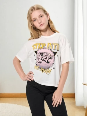 Sinsay - Koszulka ze zwierzęcym nadrukiem - kremowy