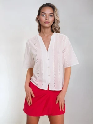 Sinsay - Koszulowa ażurowa bluzka z bawełny - biały