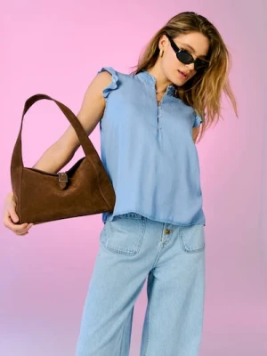 Sinsay - Koszulowa bluzka z falbanami z lyocellu - niebieski