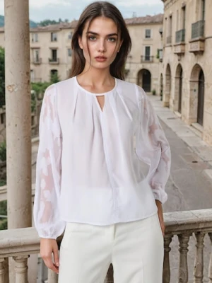 Sinsay - Koszulowa bluzka z żakardowymi rękawami - biały