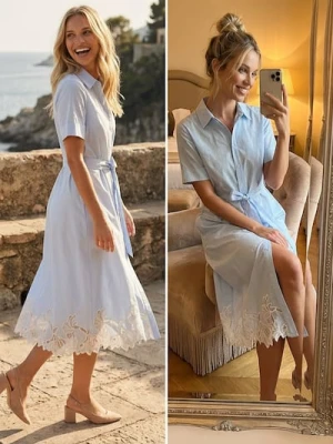 Sinsay - Koszulowa sukienka midi z krótkim rękawem i ażurowym detalem - błękitny