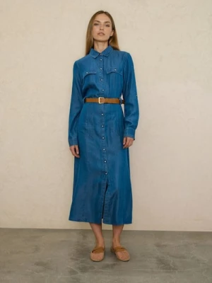 Zdjęcie produktu Sinsay - Koszulowa sukienka midi z lyocellu z paskiem - niebieski