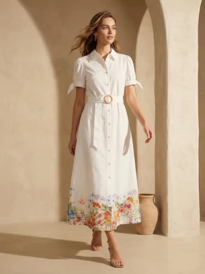 Sinsay - Koszulowa sukienka midi z paskiem i kwiatowym dołem - wielobarwny