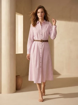 Sinsay - Koszulowa sukienka midi z plecionym paskiem w pionowe paski - wielobarwny