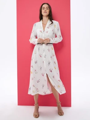 Sinsay - Koszulowa sukienka midi z wiskozą i domieszką lnu w kwiatowy nadruk - wielobarwny