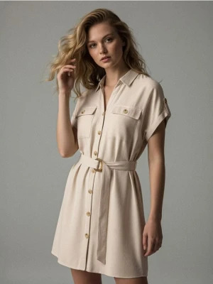 Sinsay - Koszulowa sukienka mini z wiskozą i domieszką lnu - kremowy