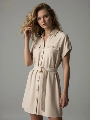 Sinsay - Koszulowa sukienka mini z wiskozą i domieszką lnu - kremowy