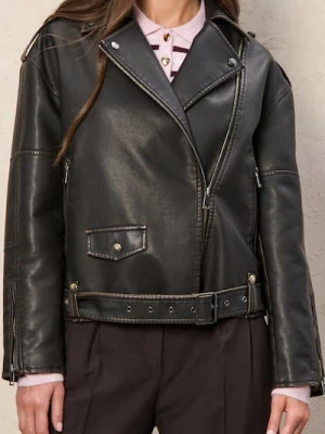 Sinsay - Kurtka biker z imitacji skóry z paskiem - brązowy