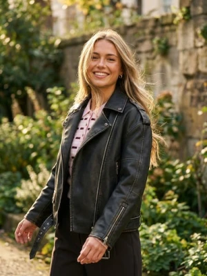 Sinsay - Kurtka biker z imitacji skóry z paskiem - brązowy