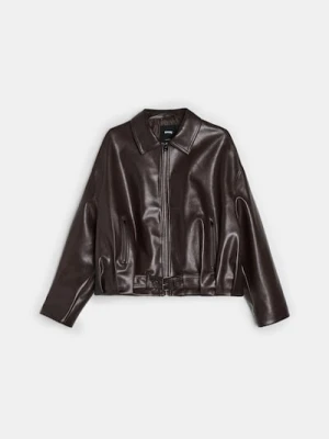 Sinsay - Kurtka bomber z kołnierzykiem z imitacji skóry - brązowy