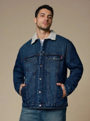 Sinsay - Kurtka jeansowa z kołnierzem typu sherpa - granatowy