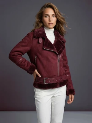 Sinsay - Kurtka ramoneska z kożuszkiem z imitacji zamszu - bordowy