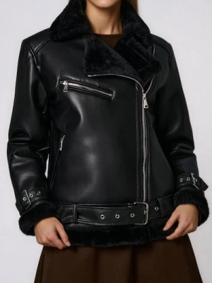 Sinsay - Kurtka ramoneska z kożuszkiem - czarny