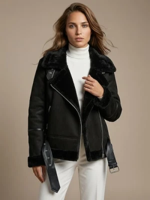Sinsay - Kurtka ramoneska z kożuszkiem - czarny