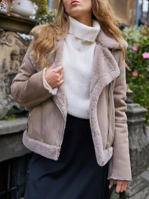 Sinsay - Kurtka ramoneska z ocieplanym kożuszkiem - brązowy