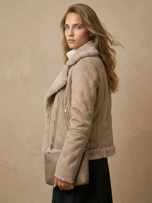 Sinsay - Kurtka ramoneska z ocieplanym kożuszkiem - brązowy