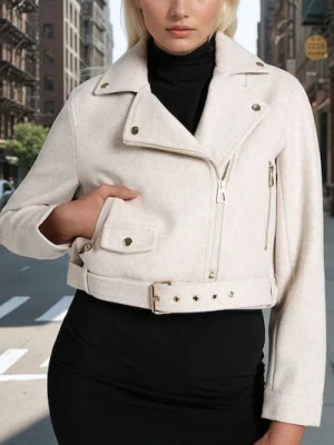 Sinsay - Kurtka ramoneska z paskiem - kremowy