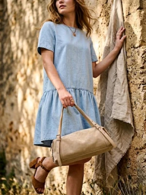 Sinsay - Luźna jeansowa sukienka mini z falbaną - niebieski