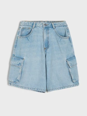 Sinsay - Luźne szorty cargo z efektem sprania - niebieski