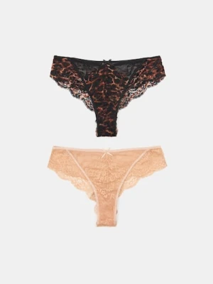 Sinsay - Majtki brazyliany z koronką 2 pack - brązowy