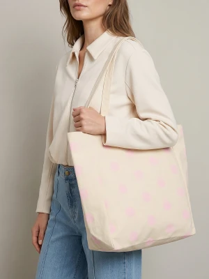 Sinsay - Materiałowa torba shopper z nadrukiem w kropki - kremowy