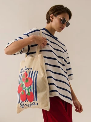 Sinsay - Materiałowa torba shopper z nadrukiem w pomidory - kremowy