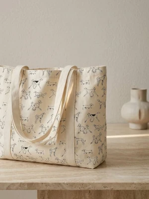 Sinsay - Materiałowa torba tote z nadrukiem psów - kremowy