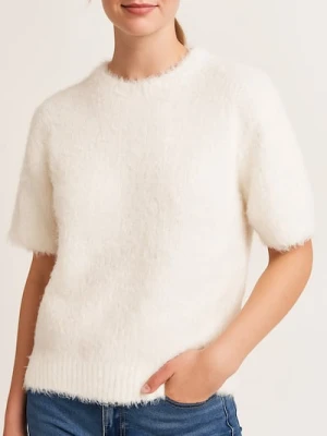 Sinsay - Miękka bluzka z krótkim rękawem i okrągłym dekoltem - biały