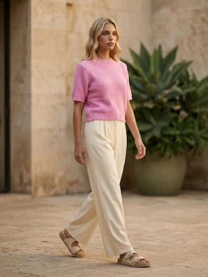 Sinsay - Miękka bluzka z krótkim rękawem i okrągłym dekoltem - różowy