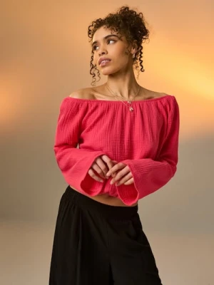 Sinsay - Muślinowa bluzka z marszczeniami i rozszerzanym rękawem - różowy