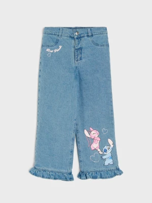 Sinsay - Ocieplane jeansy wide leg z efektem sprania Stitch - niebieski