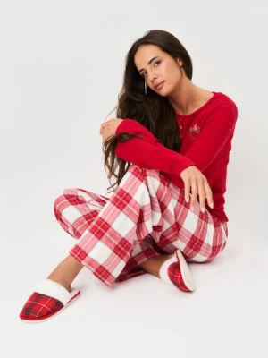 Sinsay - Ocieplane kapcie w kratę z futerkiem - czerwony