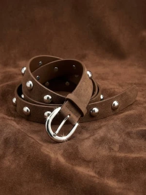 Sinsay - Pasek z imitacji zamszu ze srebrnymi ćwiekami - brązowy