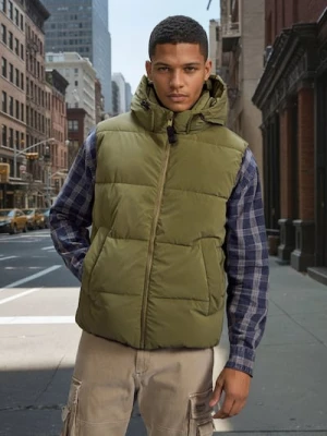 Sinsay - Pikowana kamizelka puffer z kapturem - khaki