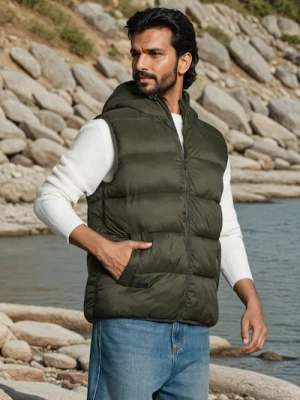 Sinsay - Pikowana kamizelka puffer z kapturem - zielony