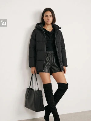 Sinsay - Pikowana kurtka puffer z kapturem - czarny