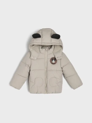 Sinsay - Pikowana kurtka puffer z kapturem i elementami 3D Mickey Mouse - beżowy