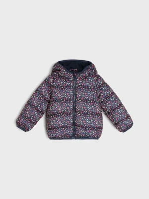 Sinsay - Pikowana kurtka puffer z kapturem z motywem kwiatowym - granatowy