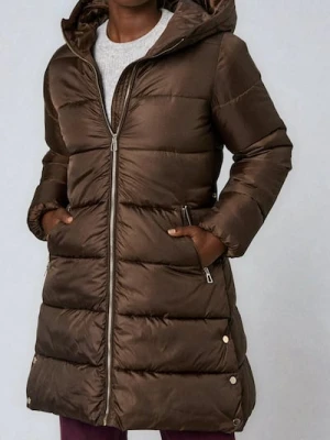 Sinsay - Pikowany płaszcz z kapturem - brązowy